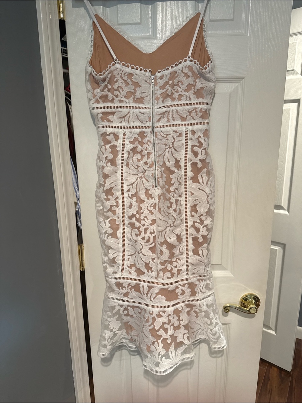 Lulu's White Lace Midi Dress with Nude Underlay